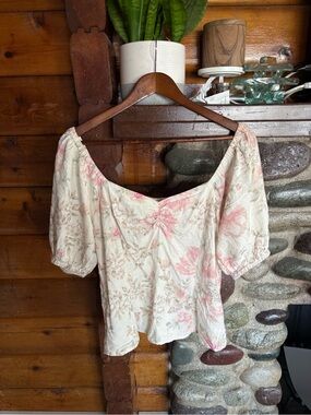 Black Tape Linen Blend Cream Floral Puff Sleeve Blouse | Off-Shoulder Top Large
